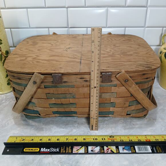 Rustic Picnic 2 Handle Gathering Basket 18x12" Woven Slat Wood Country Farmhouse - Picture 7 of 9